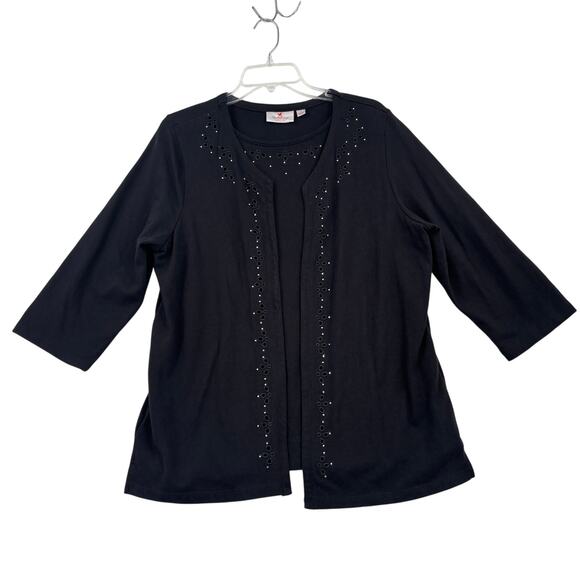 Quacker Factory Duet Knit Top Size L Black Eyelet Rhinestone 3/4 Sleeve Cotton - Picture 1 of 10